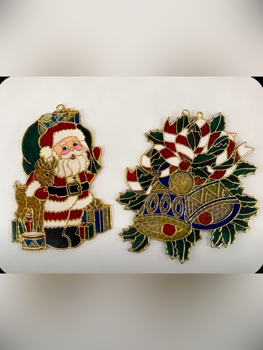 Stained Glass Christmas Window Hangings Santa and Garland with Bells Profile Vtg